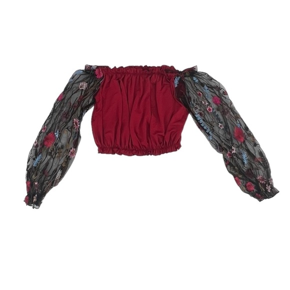 SHEIN Red Floral Long Sleeve Off The Shoulder Crop Blouse Size Small Women’s - Picture 1 of 5